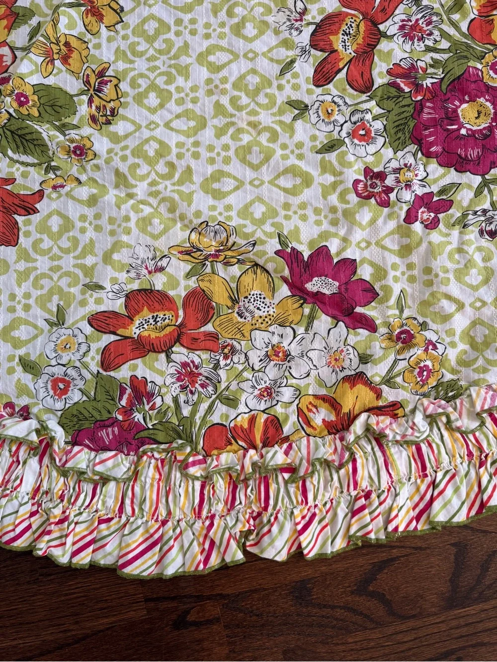 Anthropologie Round Floral Ruffled tablecloth in Green, Pink and Orange